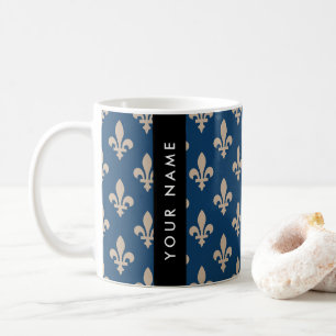 Caneca De Café Flor de Lis, Bege sobre Azul Marinho, Real, Seu No