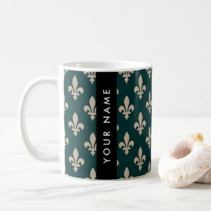 Caneca De Café Flor de Lis, Bege sobre Verde, Real, Seu Nome