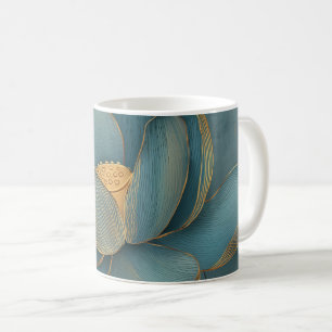 Caneca De Café Flor de Lótus Dourada e Turquesa Linha Geométrica