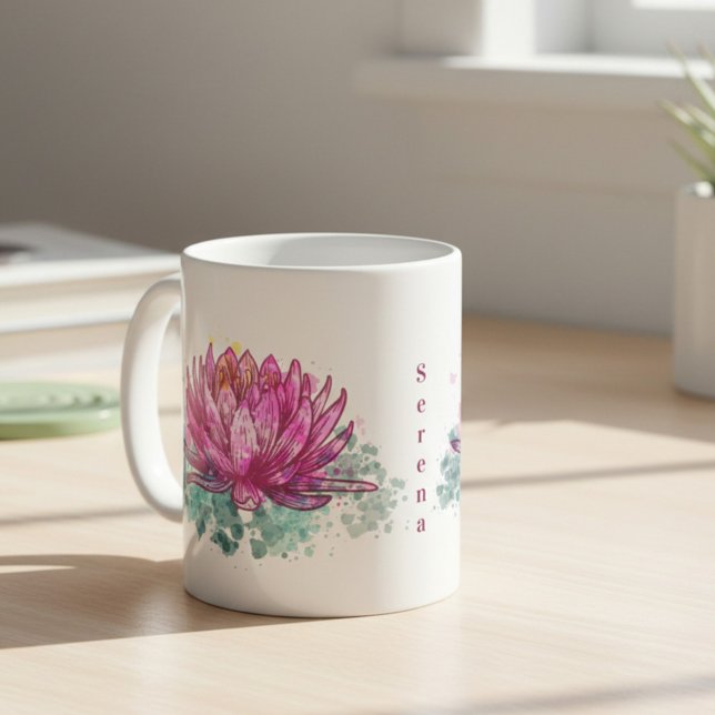 Caneca De Café Flor de Lótus em Aquarela Rosa com Nome (Criador carregado)