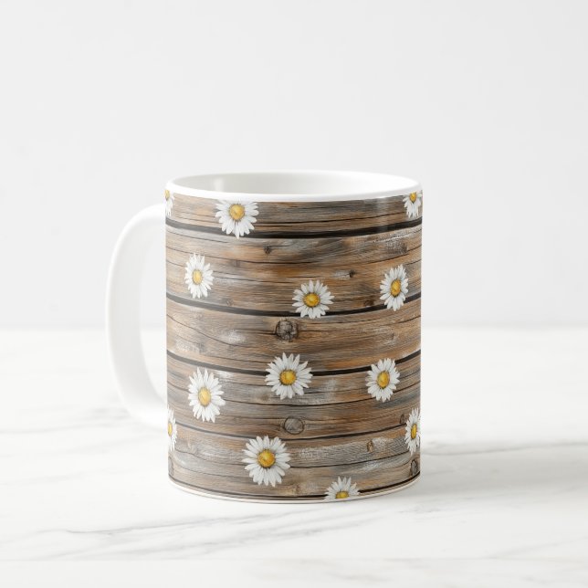 Caneca De Café Flor de Margarida de Madeira Falsa (Frente Esquerda)