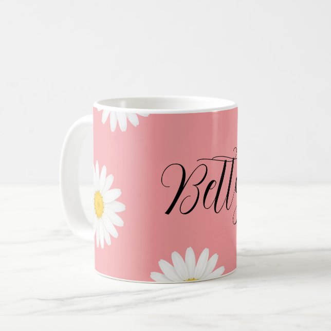 Caneca De Café Flor de Margarida Rosa Personalizada  (Frente Esquerda)