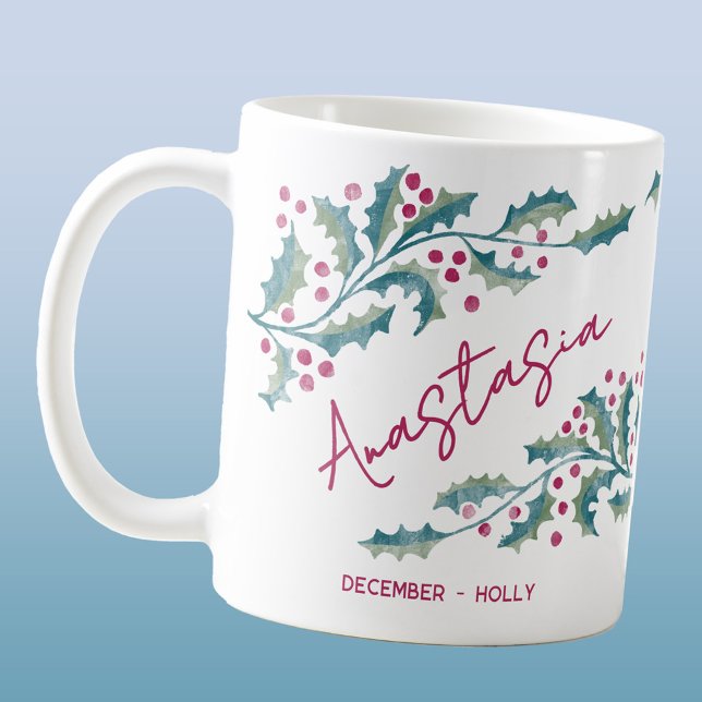 Caneca De Café Flor de Nascimento de Dezembro com Nome Personaliz (December birth month flower holly personalized custom script name coffee mug gift)