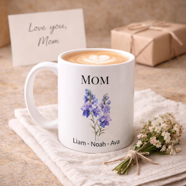 Caneca De Café Flor de Nascimento de Julho da Mamãe com Nomes das (Criador carregado)