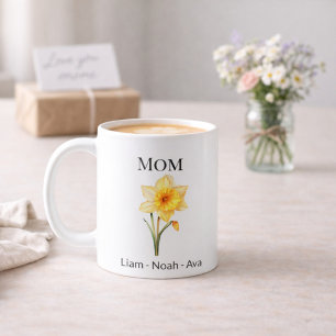 Caneca De Café Flor de Nascimento de Março da Mamãe com Nomes das