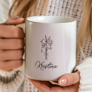 Caneca De Café Flor de Nascimento de Março & Nome com Letra Elega