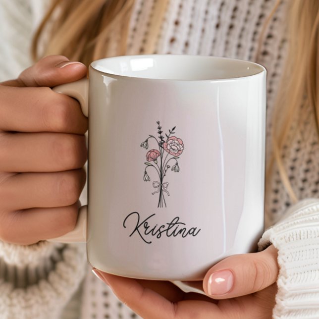 Caneca De Café Flor de Nascimento de Março & Nome com Letra Elega (Criador carregado)