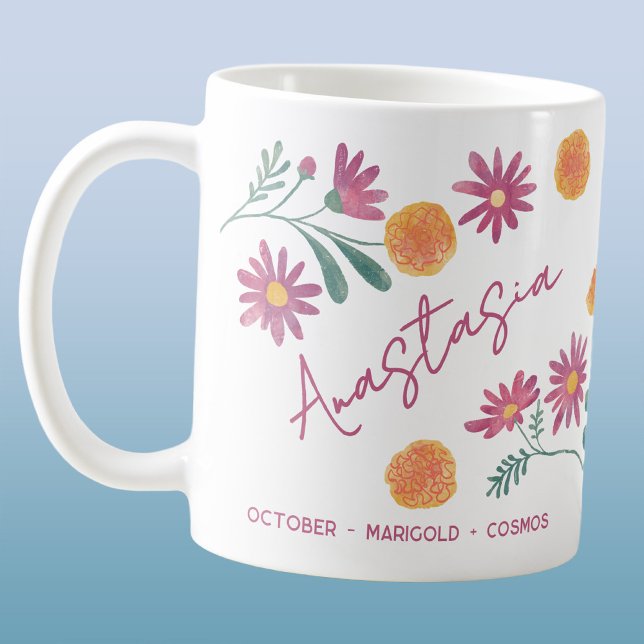 Caneca De Café Flor de Nascimento de Outubro Nome Personalizado M (October birth month flower personalized custom name marigold cosmos coffee mug gift)