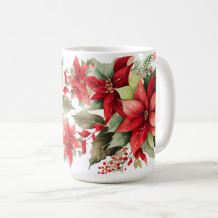Caneca De Café Flor de Natal Poinsettia Vermelha e Branca Azevinh