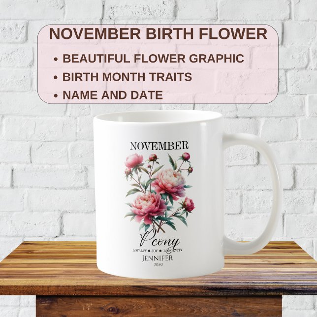 Caneca De Café Flor de Peônia de Aniversário de Novembro Personal (Criador carregado)