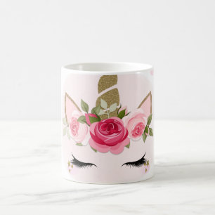 Caneca De Café Flor de Unicórnio Rosa e Dourado Bloom Tende Cute
