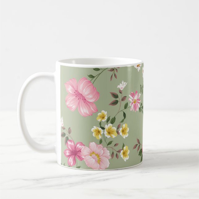 Caneca De Café Flor de vinheta sem costura no fundo verde (Esquerda)