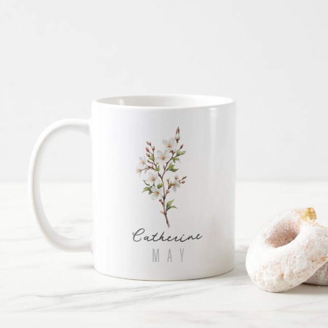 Caneca De Café Flor do Mês de Maio com Nome – Espinheiro (Com Donut)