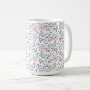 Caneca De Café Flor e Aves Padrão Sem Costura