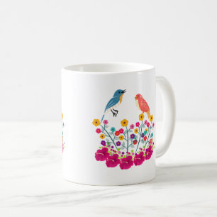 Caneca De Café Flor E Pássaros Belos E Coloridos 