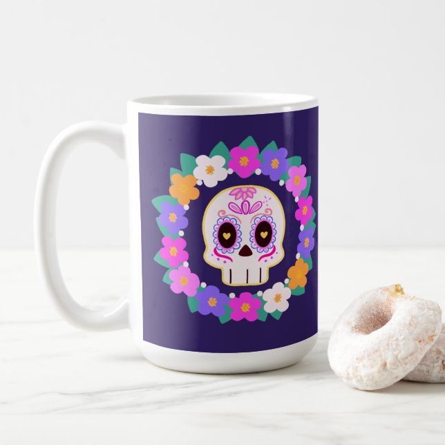 Caneca De Café Flor Floral Açúcar Crânio (Com Donut)