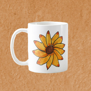Caneca De Café Flor Girassol Amarelo Desenhado
