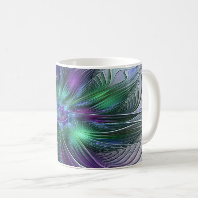 Caneca De Café Flor Moderna Abstrata Fractal Verde Roxo (Frente Esquerda)