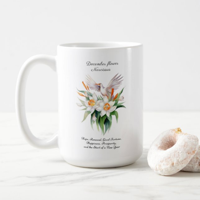 Caneca De Café Flor Narciso de dezembro com Pássaro Floral (Com Donut)