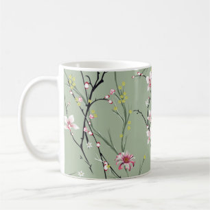 Caneca De Café flor pequena vermelha e amarela em fundo verde