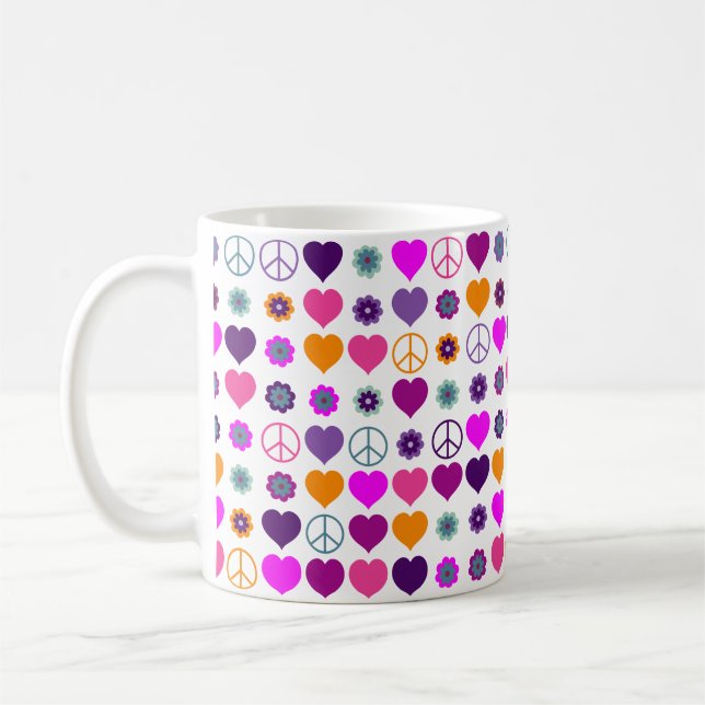 Caneca De Café Flor Power Heart Peace Pattern + seu backgr. (Esquerda)