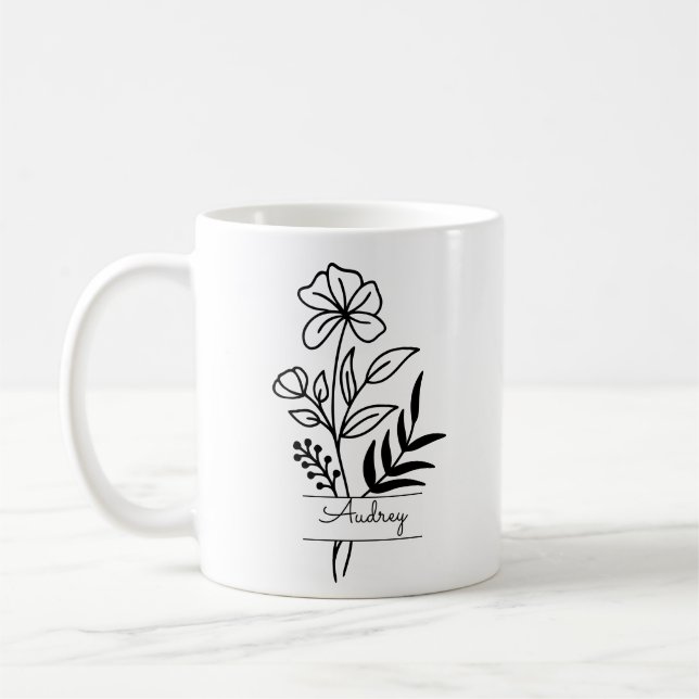 Caneca De Café Flor Preto Personalizado Ilustrado Com Nome (Esquerda)