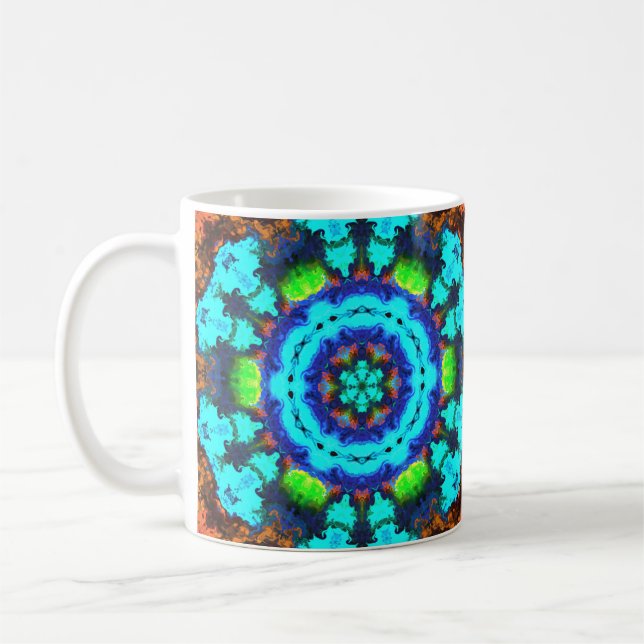 Caneca De Café Flor Psicodélica Azul Laranja e Verde (Esquerda)