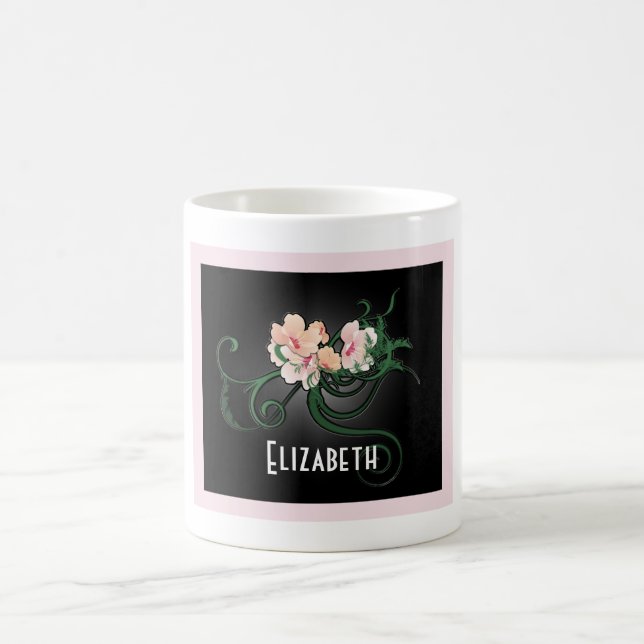 Caneca De Café Flor rosa com espirais verdes personalizadas (Centro)