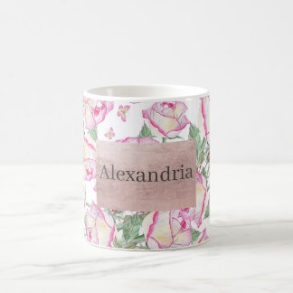 Caneca De Café Flor-rosa de-verão branco-romano-cor-de-rosa