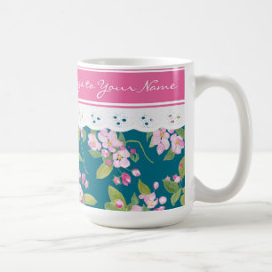 Caneca De Café Flor Rosa no Azul Escuro com Lace Escuro