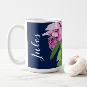 Caneca De Café Flor Rosa Tropical de Medinilla no nome azul escur