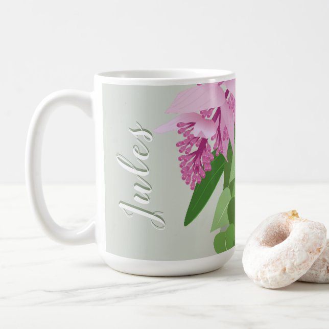 Caneca De Café Flor rosa Tropical Medinilla Rosa em Nome Verde (Com Donut)