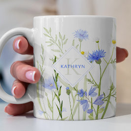 Caneca De Café Flor Selvagem de Monograma Azul Personalizado