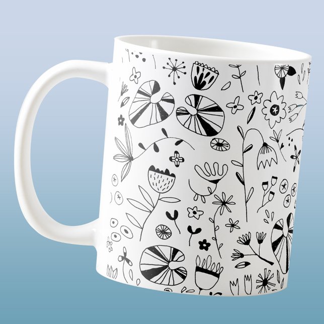 Caneca De Café Flor Selvagem Monocromática Moderna (Modern floral botanical black and white pattern mug)