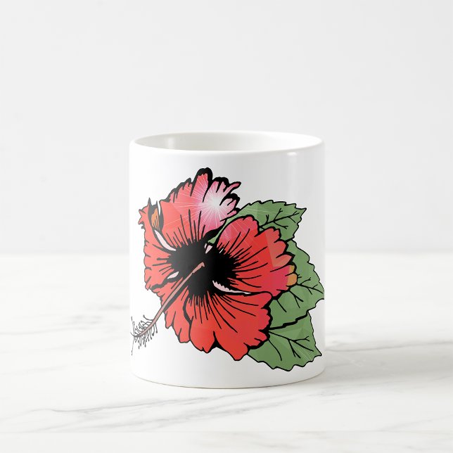 Caneca De Café Flor Tropical Red Hibiscus com Folhas Verdes (Criador carregado)
