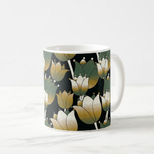 Caneca De Café Flor Verde Branco Padrão Floral Planta de Fundo