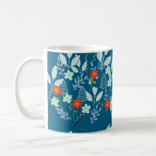 Caneca De Café Flor Vermelha + Folhas Azul Teal