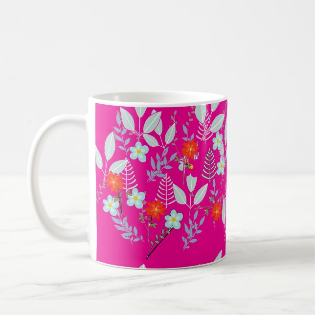 Caneca De Café Flor Vermelha + Folhas Rosa Quente (Esquerda)