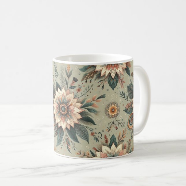 Caneca De Café Florais em Sage (Frente Esquerda)