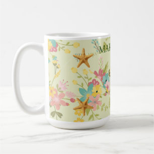 Caneca De Café Florais Verdes Rosa-Amarelos-Rosa Personalizados