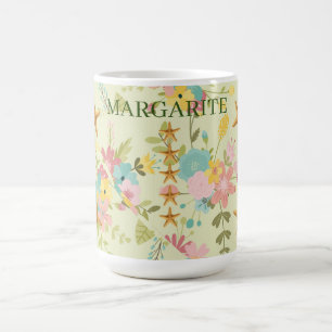 Caneca De Café Florais Verdes Rosa-Amarelos-Rosa Personalizados