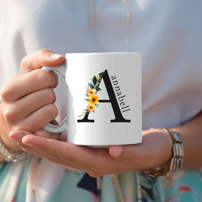 Caneca De Café Floral A Monograma Mug com Nome Editável (Floral A Monogram Mug with Editable Name. Yellow, Orange & Greenery Watercolor Flowers.)