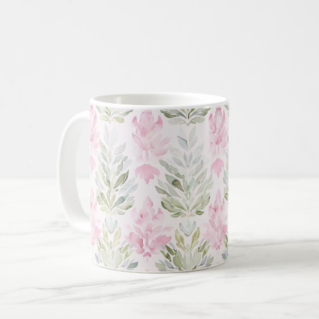 Caneca De Café Floral Abstrato Verde Rosa (Frente Esquerda)