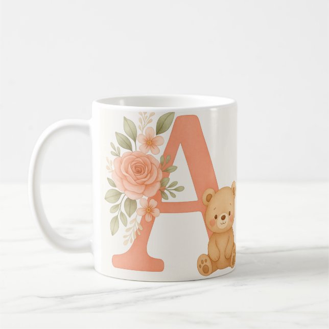 Caneca De Café Floral Alphabet A Mug – Cute Bear Initial Mug (Esquerda)