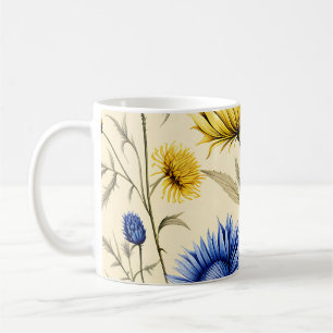Caneca De Café Floral Amarelo-Azul Elegante