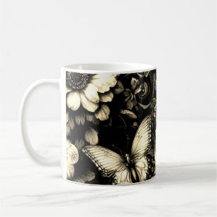 Caneca De Café Floral Antiquado ouro com Borboletas