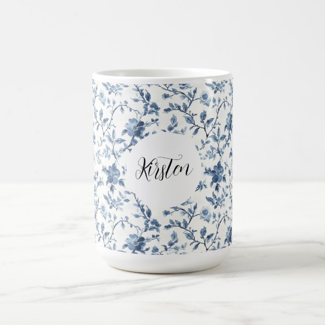 Caneca De Café Floral Azul Branco Chic   (Centro)