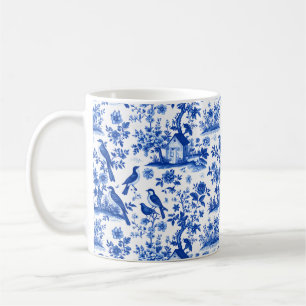 Caneca de Café Floral Azul e Branco Vintage Francê
