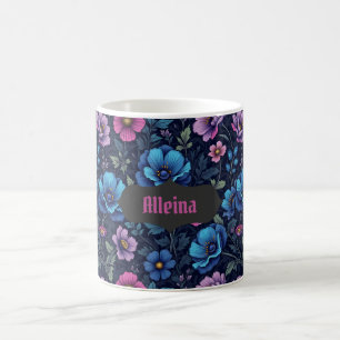 Caneca De Café Floral Azul e Malva
