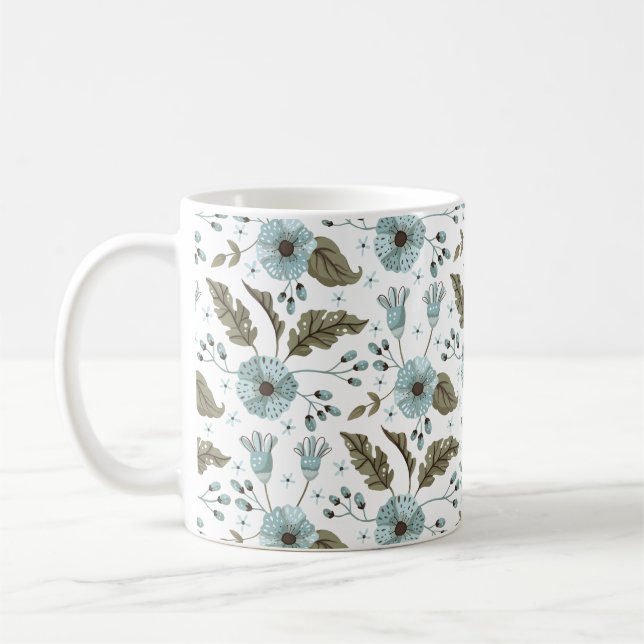 Caneca De Café Floral Azul e Verde (Esquerda)
